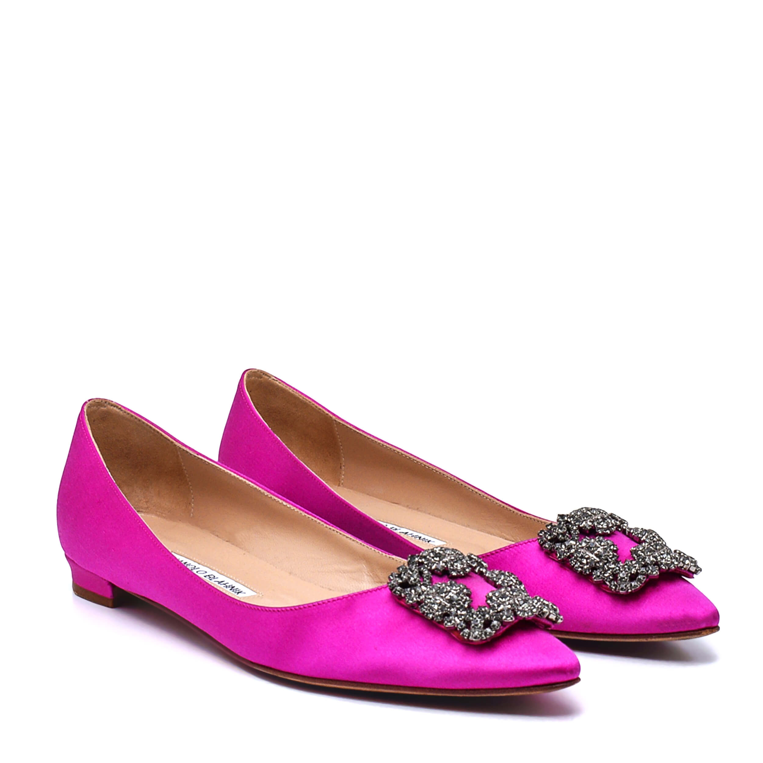 Manolo Blahnik -  Fuchsia Satin Jewel Buckle Hangisi Flat Pumps / 38,5